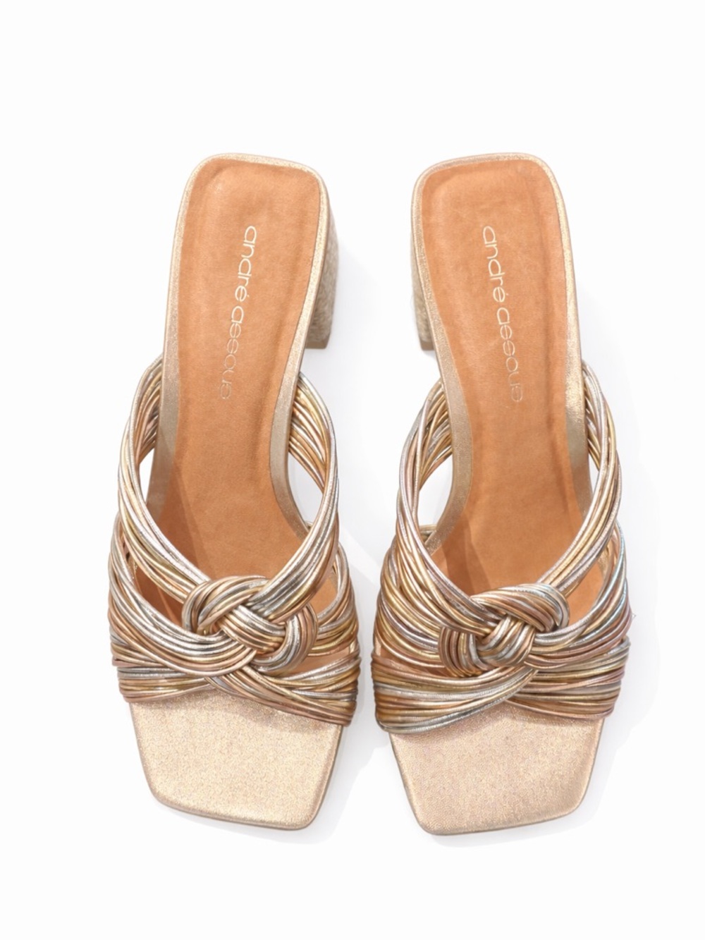 Andre Assous Metallic Gold Multi-Strap Knot Block Heel Mules
